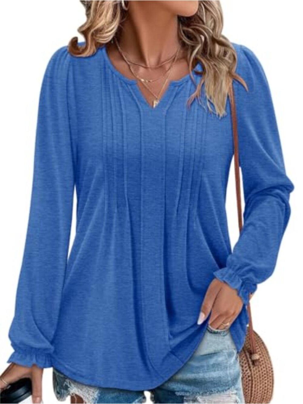 Women's V Neck Pleated Puff Long Sleeve Tunic Top Blouse for Work